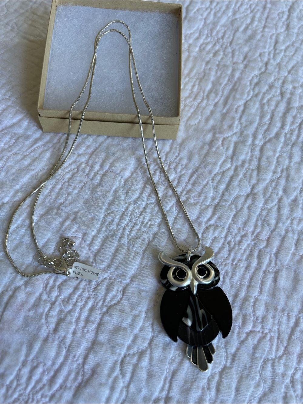 Black Owl Pendant Necklace - Women's Silver Chain 15”